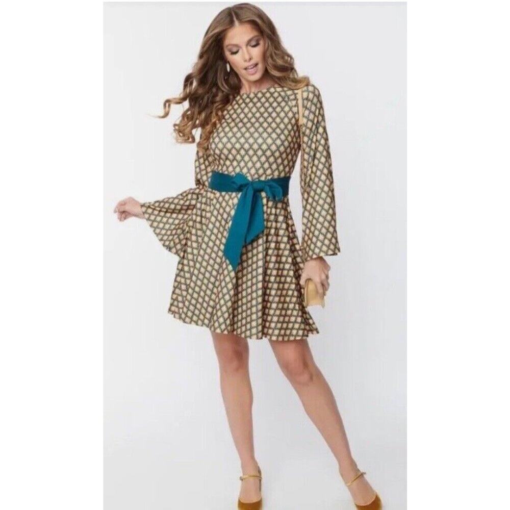 Unique Vintage Deco Motif Green Gold Dress M Nwt Long Sleeve